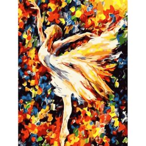 Panza de pictura pe numere cu rama de lemn, dimensiune 40x50 cm. Setul contine 3 pensule, 2 carlige pentru prinderea in perete si 18 culori acrilice. Model balerina.